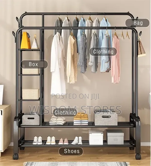 Metal Wheeled Coat Rack with Shelves - 1
