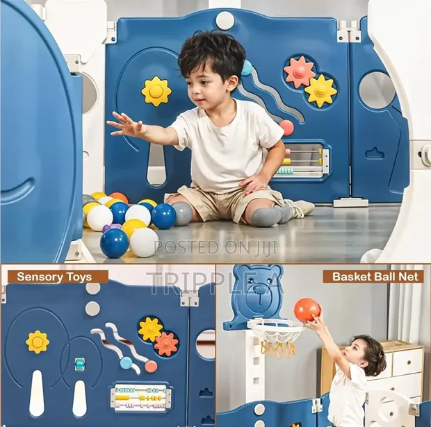 Kids Foldable Activity Center Playpen with Basketball Hoop - 1