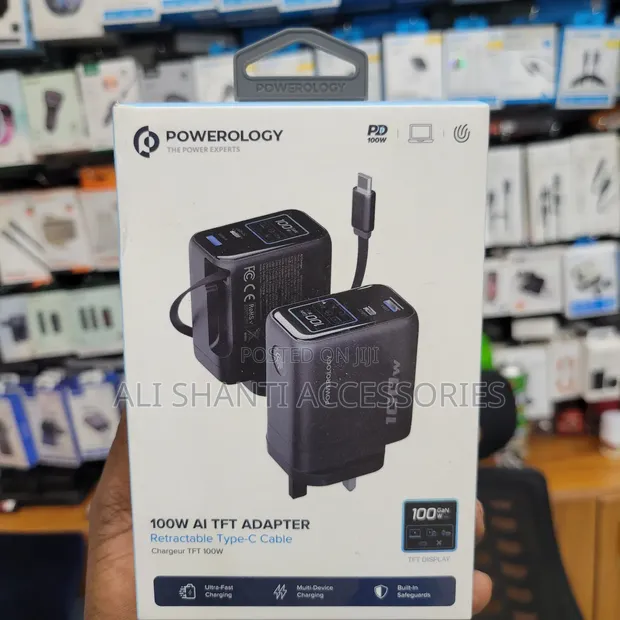Powerology 100W Ai TFT Power Adapter with Retractable USB-C Cable - 1