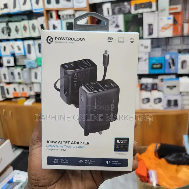 Powerology 100W AI TFT Power Adapter with Retractable USB-C Cable - 1
