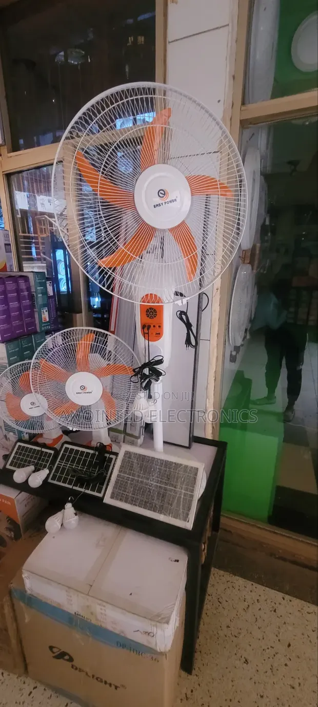 Rechargeable Standing Fan with Solar Panel and 2 Bulbs - 1