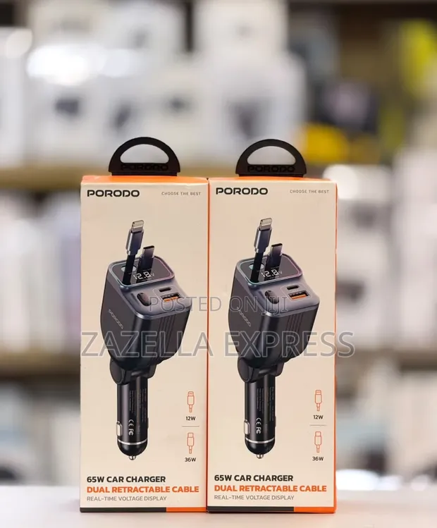 Porodo 65W 4-in-1 Car Charger with Retractable Cables - 1