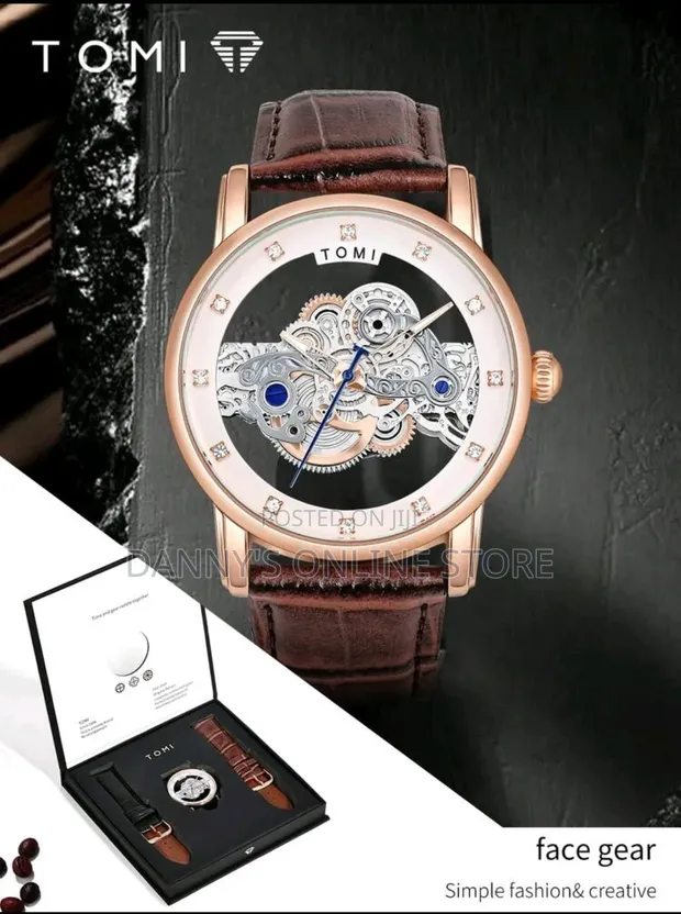Tomi Men's Rose Gold Hollow Gear Leather Quartz Watch - 1