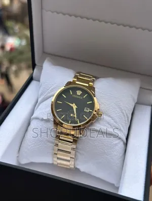 Versace Ladies Watch - Gold Tone Band, Black Face