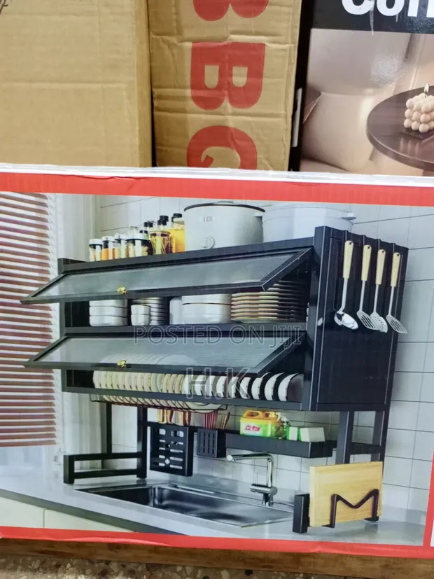 Black Double-Layer Dish Rack with Flip-Up Cabinet Doors - 1