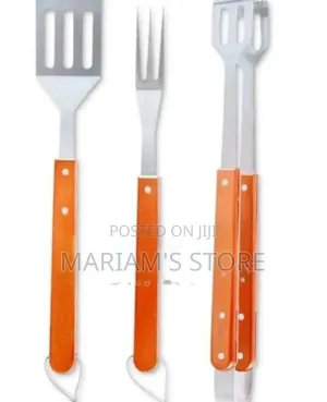 Three-Piece Stainless Steel Barbecue Set with Orange Handles