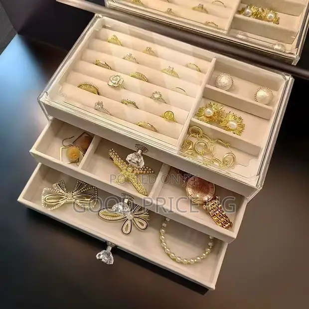 Clear Acrylic 3-Drawer Velvet Jewelry Organizer Box - 1