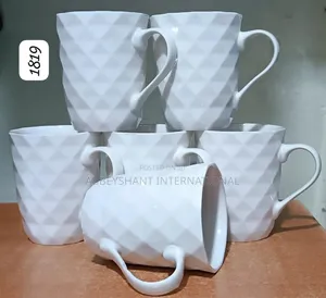 White Ceramic Embossed Geometric Mugs - 12 Piece Set