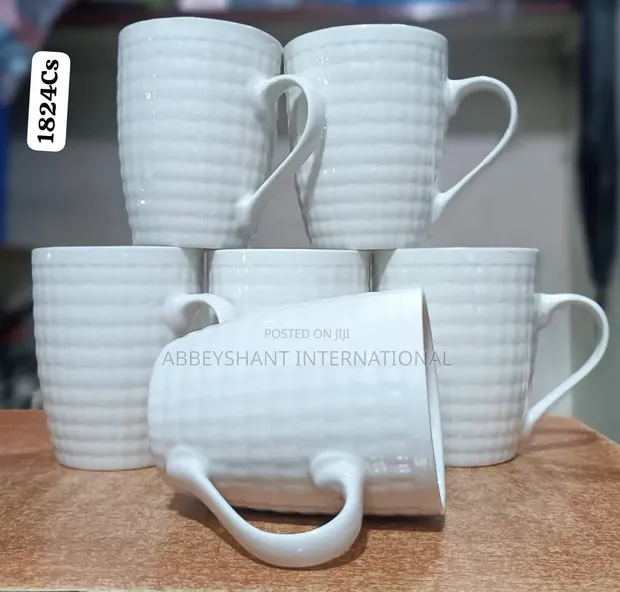 12pcs White Textured Porcelain Coffee Mugs - 1