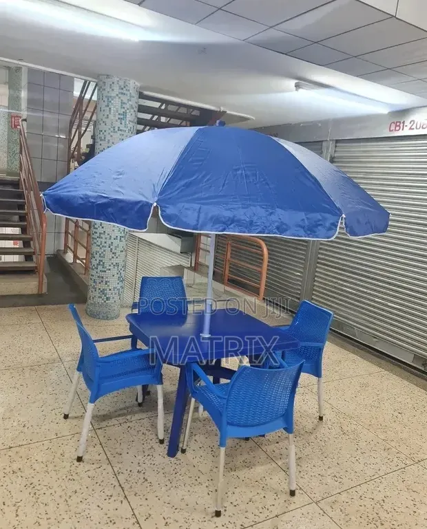 Durable Outdoor Plastic Chairs, Table & Umbrella Set - 1