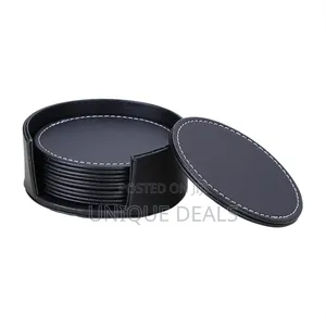 6-Piece Black Leather or Felt Coaster Set with Holder