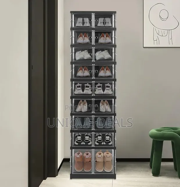 9-Tier, 2-Row Foldable Shoe Rack with Transparent Doors - 1
