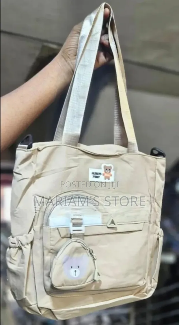 Beige Tote Bag with Detachable Teddy Bear Pouch - 1