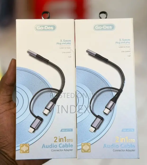 Go Des 2-in-1 OTG Audio Cable: 3.5mm to Lightning + Type-C - 1