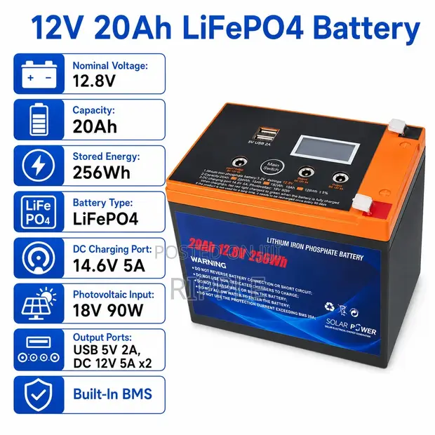 12V 20Ah LiFePO4 Lithium Battery 256Wh Solar Backup - 1