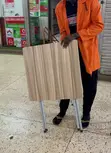 X-Shaped Foldable Table - Wood Grain Top, Metallic Stand - 1