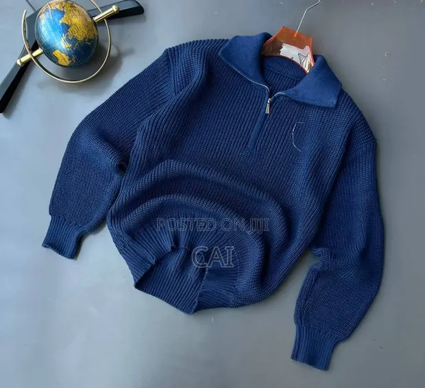 Cream/Navy Blue Collar Fold Quarter Zip Sweater - 1