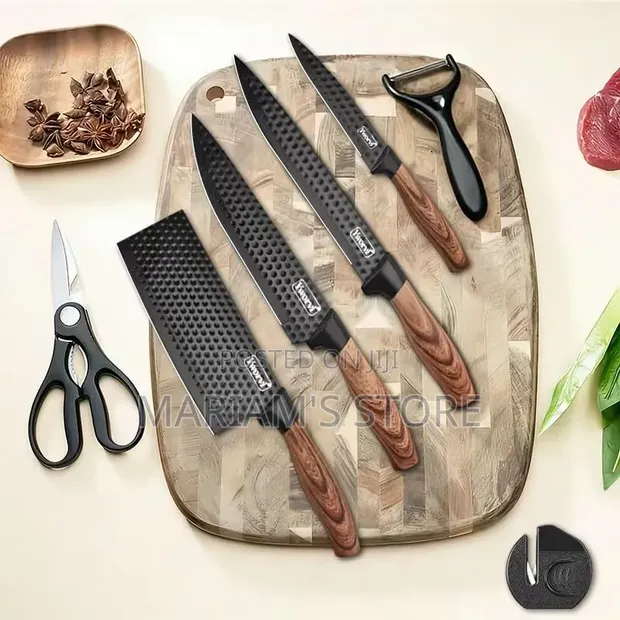 7-Piece Kitchen Knife Set - Textured Black Blades - 1
