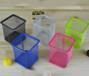 Metal Pen Pot - Square Mesh Pencil Holder (Black)