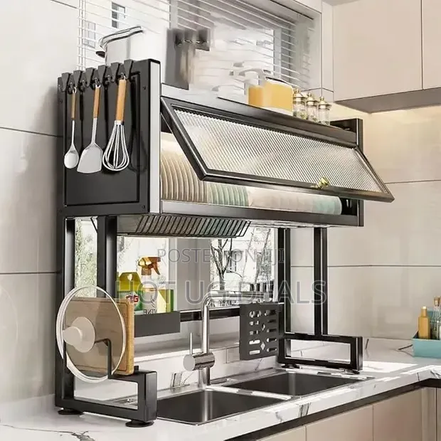 Dust-Proof Over-the-Sink Dish Drying Rack with Cabinet - 1