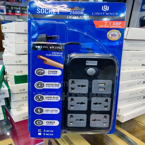 Lightwave 52U Power Extension - 5 Sockets, 3m Cable, 2 USB Ports - 1