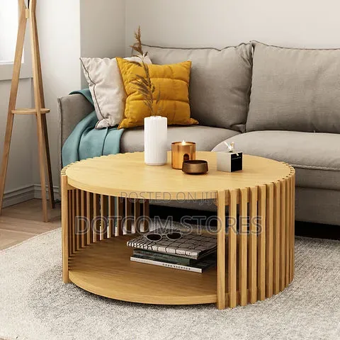 Modern Slatted Round Coffee Table with Shelf - 1