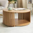 Modern Slatted Round Coffee Table with Shelf - 2