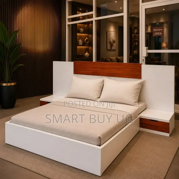 5x6 Wooden Bed with White Side Tables & Drawers - 1