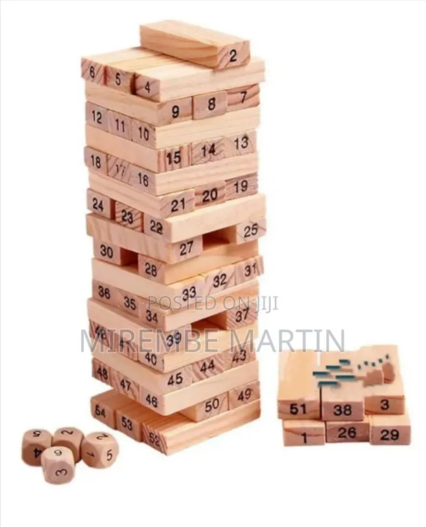 54-Piece Wooden Jenga Blocks with 4 Dice - 1