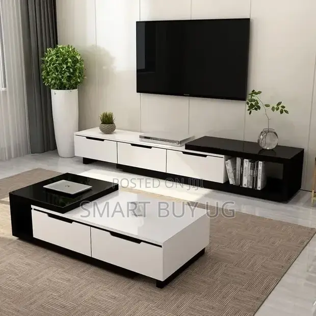 Modern Living Room Set: TV Stand + Coffee Table (White/Black) - 1
