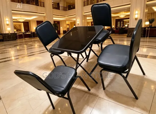 Black Folding Glass Dining Table with 4 Leather Chairs - 1