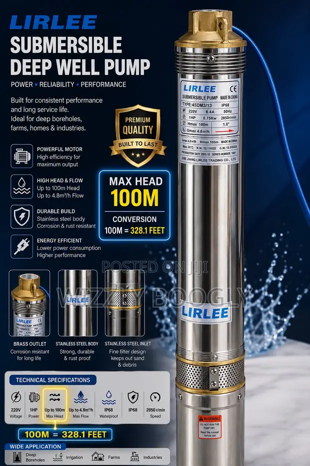 Lirlee 1HP Deep Well Submersible Water Pump - 1