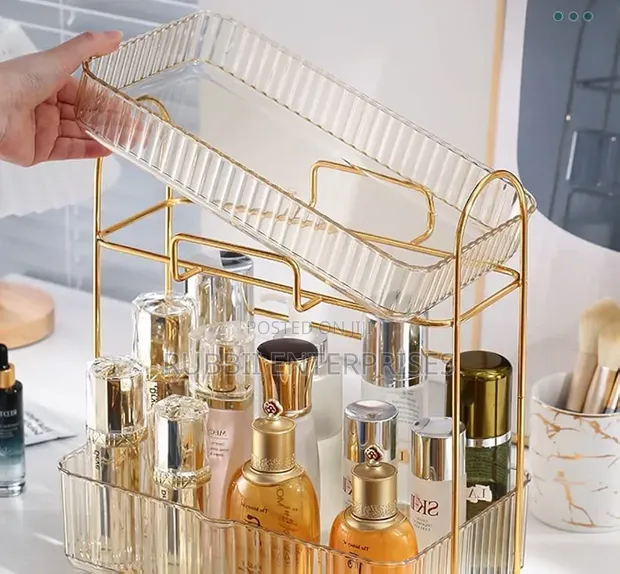 2-Tier Acrylic and Gold Metallic Frame Cosmetics Organizer - 1