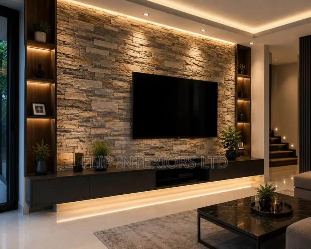 Luxury Stone-Clad TV Wall Design & Installation - 1