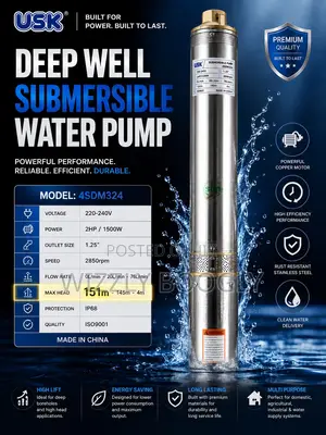USK 2HP Deep Well Submersible Water Pump - 151M High Head