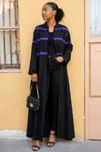 Elegant Black Abaya with Purple Stripes - 1