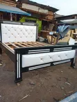 4x6 Hardwood Bed Frame - Black & White Leather - 1
