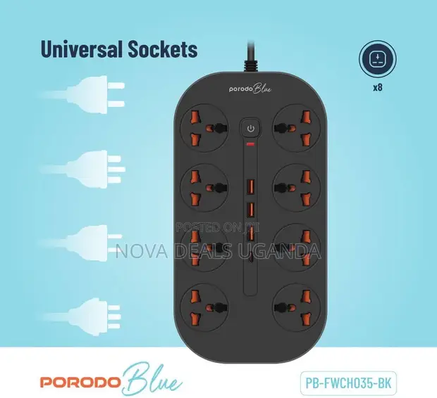 Porodo Blue 8 AC Universal Power Strip with USB-C, 3m Cable - 1