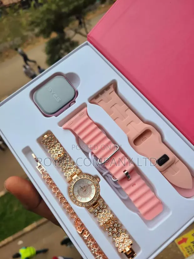 Ladies Pink Smart Watch Gift Set with Analog Bracelet - 1
