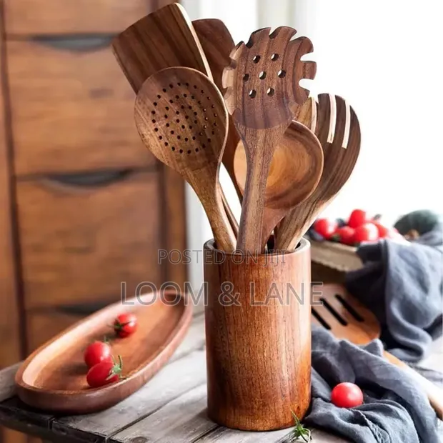 Acacia Wood Kitchen Utensil Set with Holder - 1