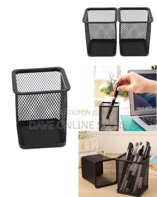 Metal Pen Pot - Square Mesh Pencil Holder (Black) - 1