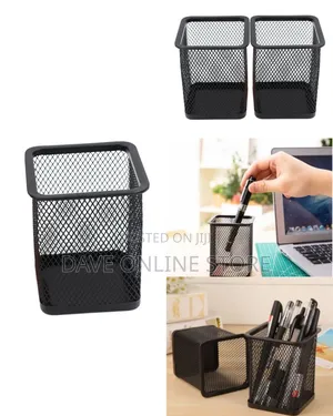 Metal Pen Pot - Square Mesh Pencil Holder (Black)