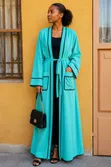 Turquoise Belted Luxury Open Abaya - 1