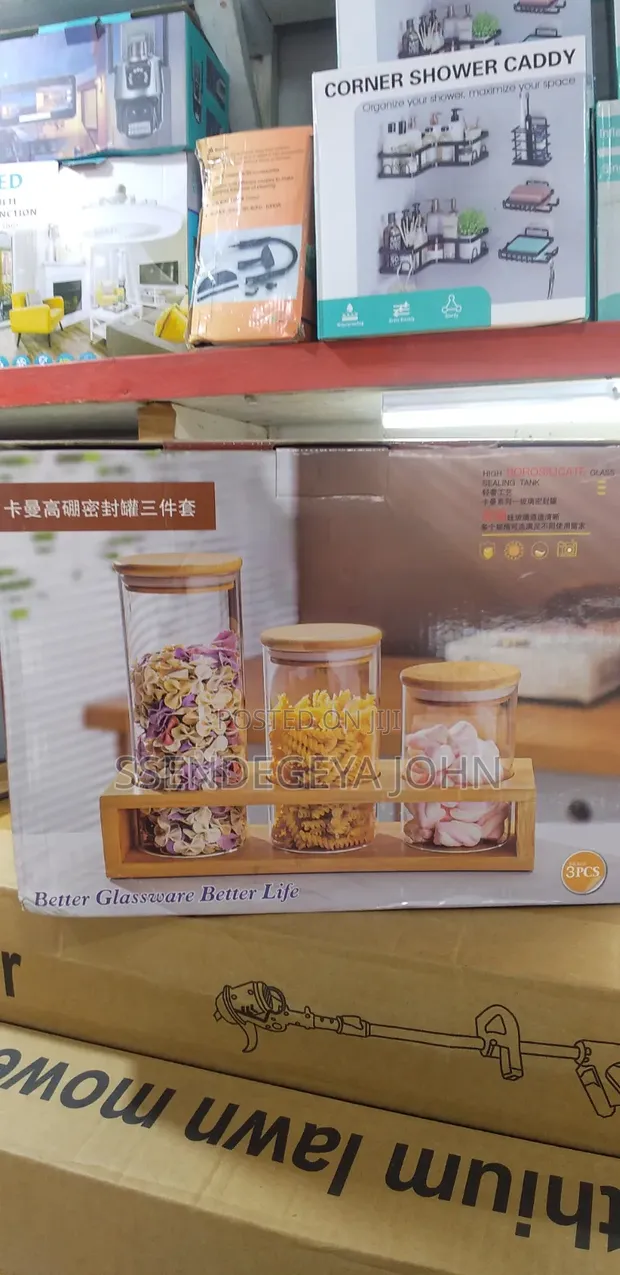 3-Piece Borosilicate Glass Storage Jars with Bamboo Lids & Stand - 1