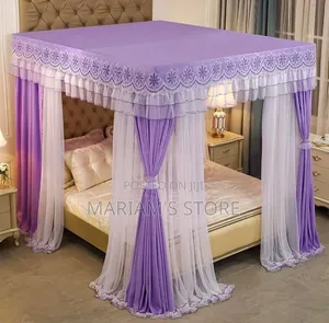 4-Stand Bed Canopy with Lace Top and White Curtains