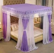 4-Stand Bed Canopy with Lace Top and White Curtains - 1