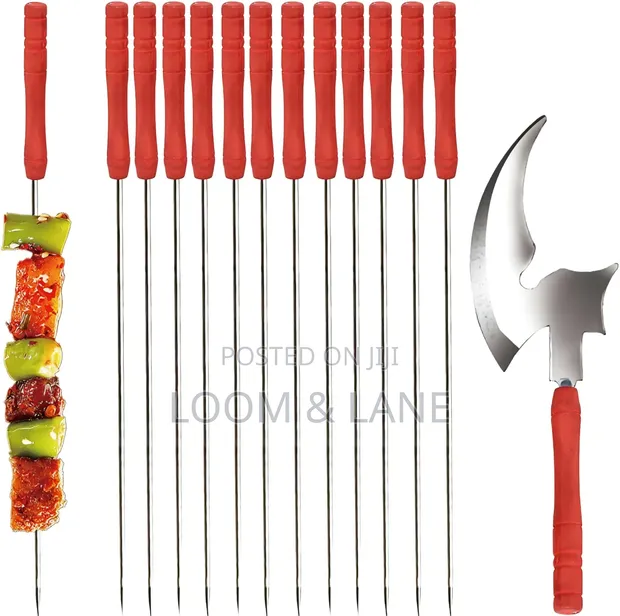 12 Reusable Stainless Steel Skewers with Grilling Axe - 1