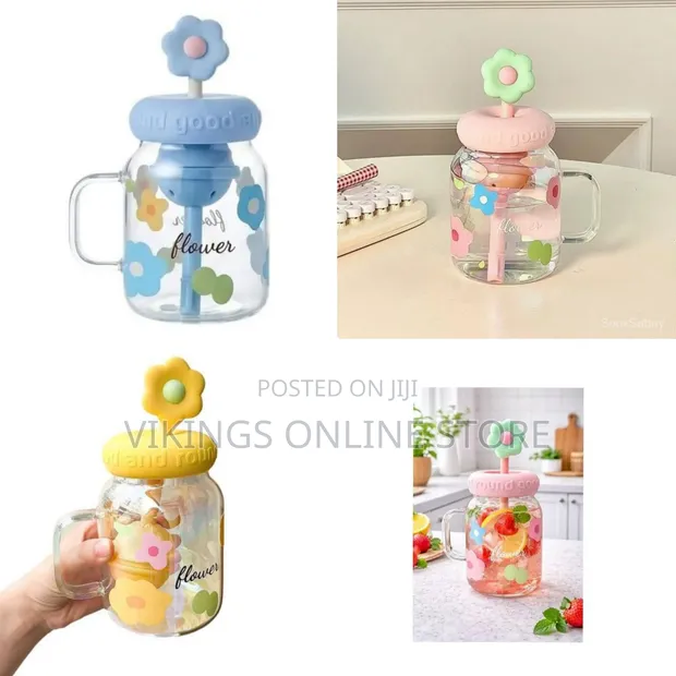 Flower Kawaii Ribbed Glass Water Bottle - 850ml - 1