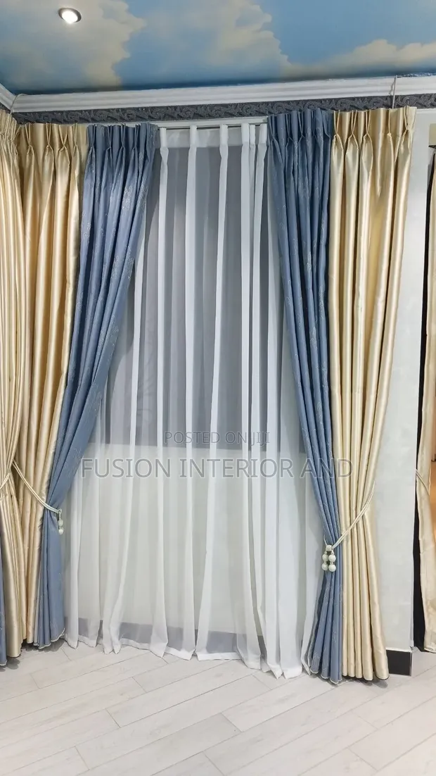 Cream and Blue Curtains Lux - 1