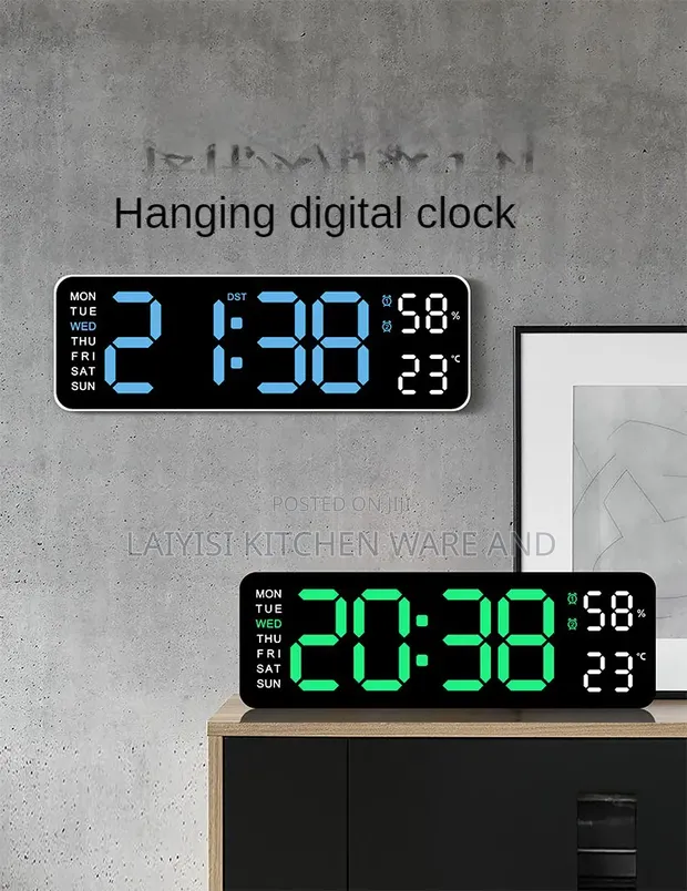 Large Digital LED Wall Clock with Temperature & Week Display - 1